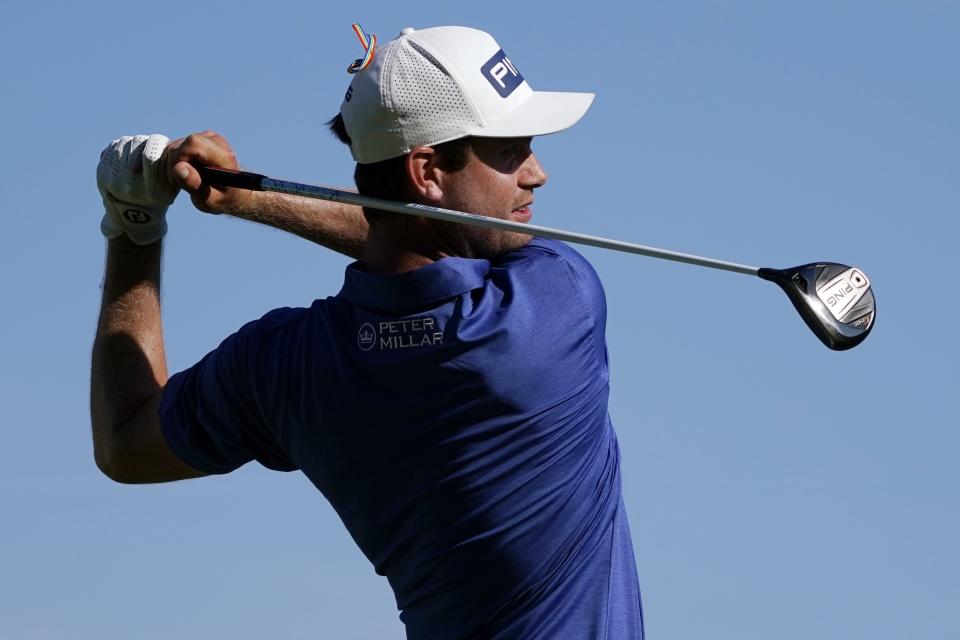 Harris English tees off on the 12th hole during the final round of the Northern Trust golf tournament at TPC Boston, Sunday, Aug. 23, 2020, in Norton, Mass. (AP Photo/Charles Krupa)