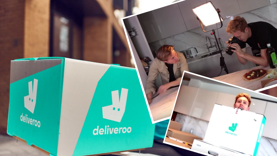 Pictured: Deliveroo delivery box, and YouTuber Josh Pieters' Waitrose food experiment. Images: Deliveroo, YouTube (Josh Pieters)