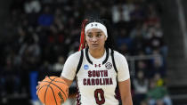 South Carolina guard Te-Hina Paopao during the first half of an Elite 8 college basketball game against Oregon State in the NCAA Tournament in Albany, N.Y., Sunday, March 31, 2024. (AP Photo/Mary Altaffer)