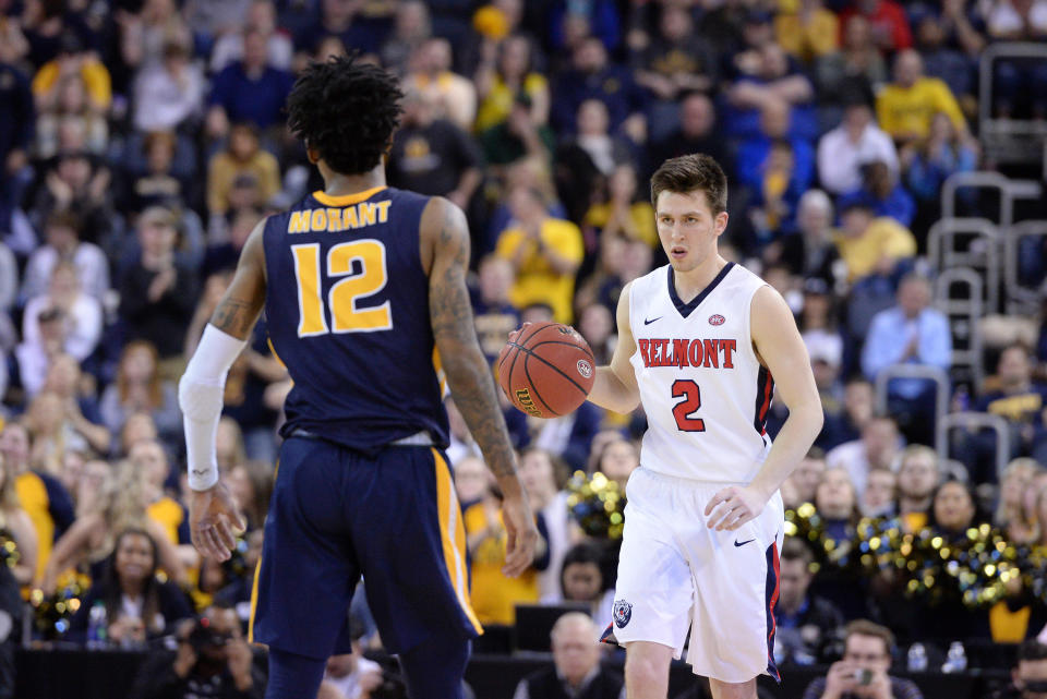 EVANSVILLE, IN - MARCH 09: Belmont Bruins Guard Grayson Murphy (2) squares off with Murray State Racers Guard Ja Morant (12) during the Ohio Valley Conference (OVC) Championship college basketball game between the Murray State Racers and the Belmont Bruins on March 9, 2019, at the Ford Center in Evansville, Indiana. (Photo by Michael Allio/Icon Sportswire via Getty Images)