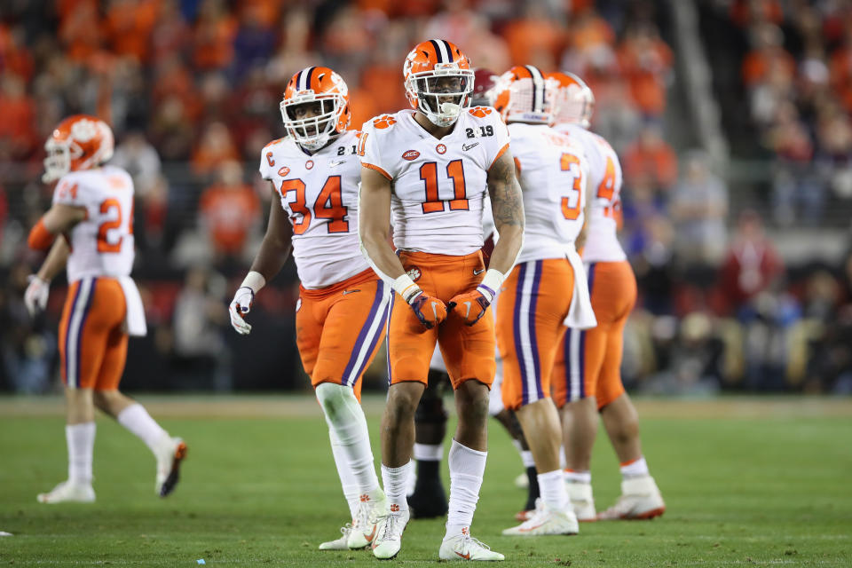 SANTA CLARA, CA - JANUARY 07:  Isaiah Simmons #11 of the Clemson Tigers reacts against the Alabama Crimson Tide in the CFP National Championship presented by AT&T at Levi's Stadium on January 7, 2019 in Santa Clara, California.  (Photo by Christian Petersen/Getty Images)