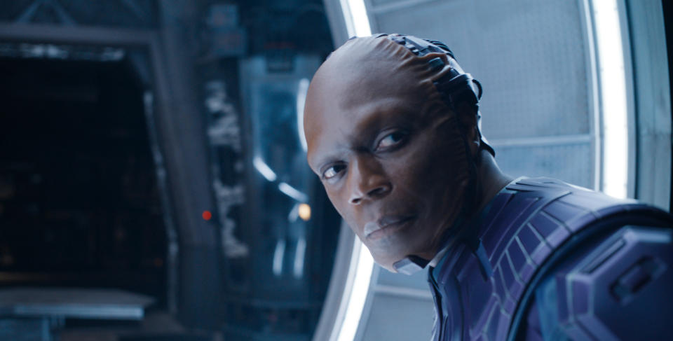 This image released by Marvel Studios shows Chukwudi Iwuji as The High Evolutionary in a scene from "Guardians of the Galaxy Vol. 3." (Marvel Studios-Disney via AP)