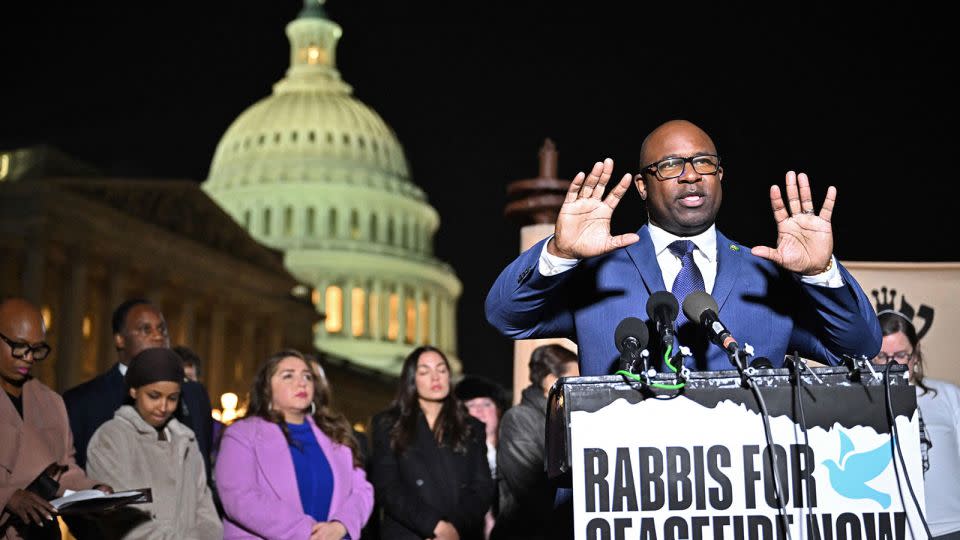 Rep. Jamaal Bowman speaks during a news conference calling for a ceasefire between Israel and Hamas, on November 13, 2023, in Washington, DC. - Mandel Ngan/AFP/Getty Images/File