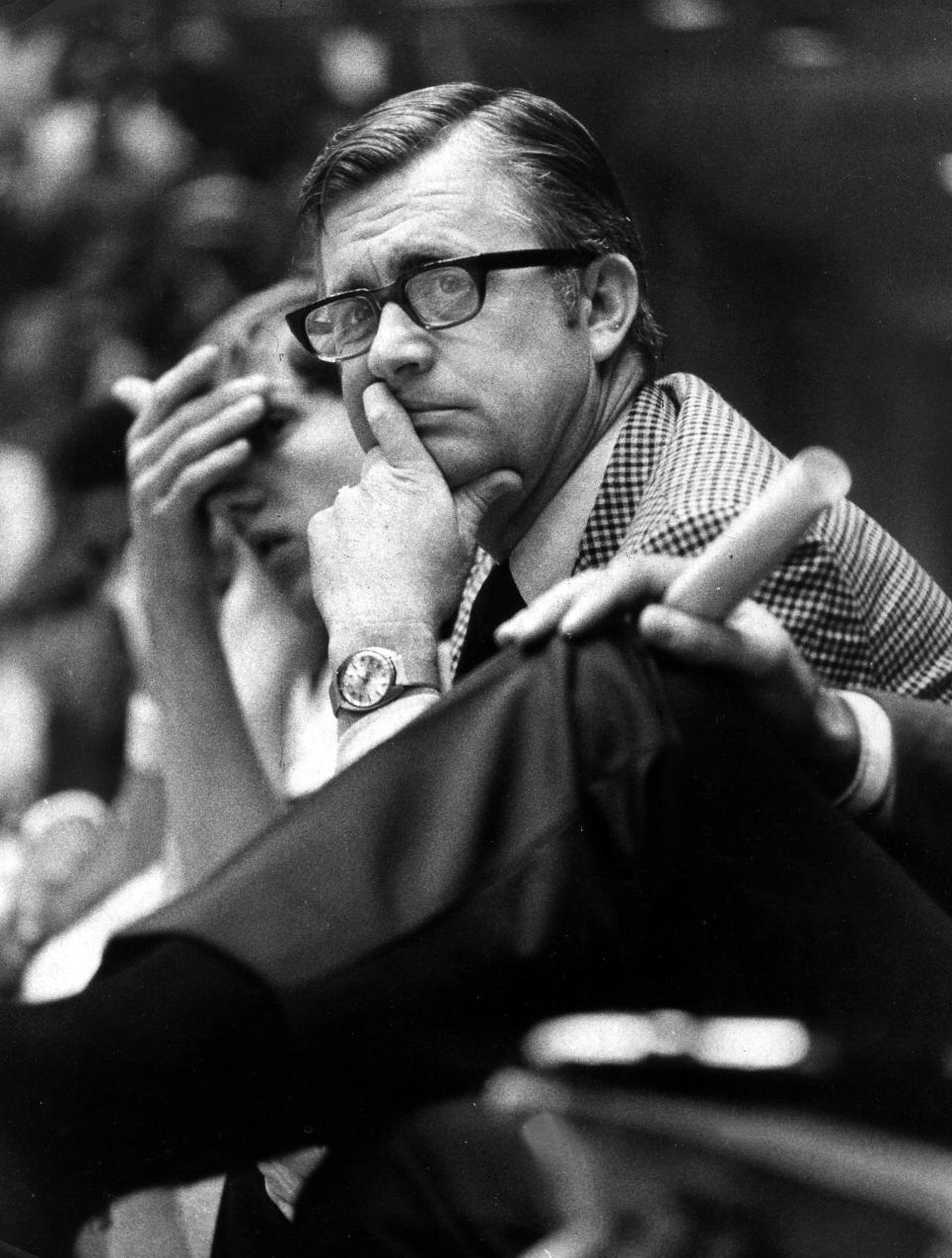 Memphis State University head basketball coach Gene Bartow was a picture of concentration as he watched the Tigers manhandle North Texas State 91 to 60 in the Missouri Valley Conference television game-of-the-week on January 22, 1972.