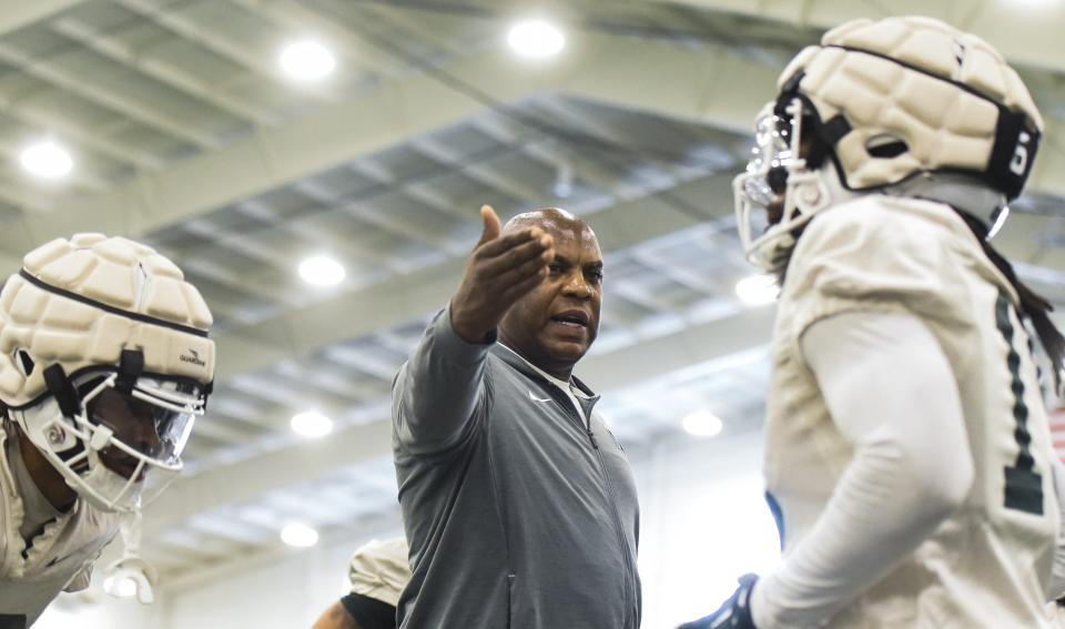 Mel Tucker, seen here at the Spartans' first spring football practice on March 14, 2023, delayed his interview with the outside attorney investigating him for sexual harassment for three months until March 22.