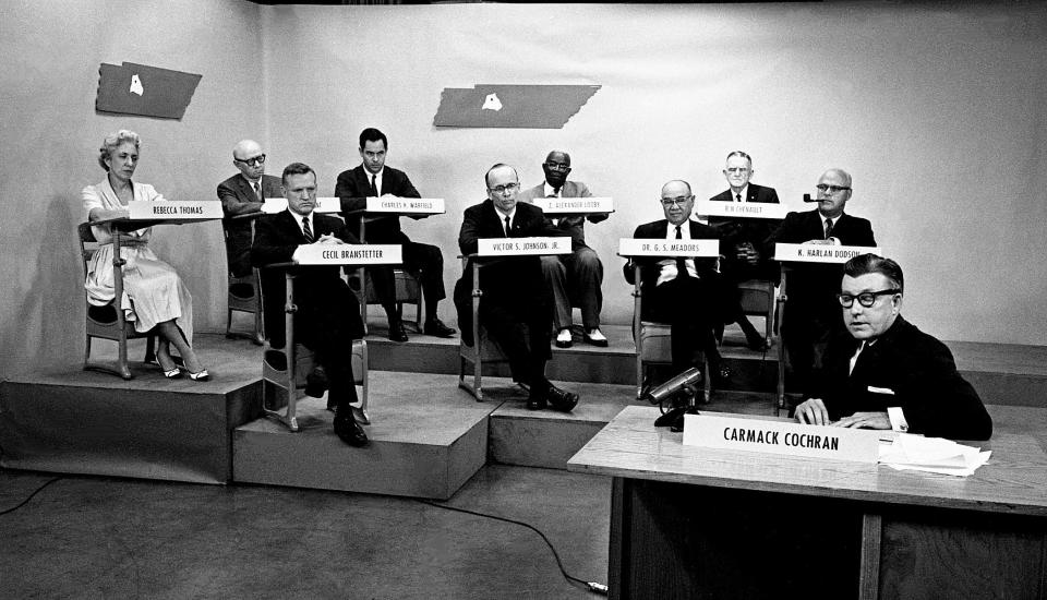 Members of the charter commission for consolidated government discuss the charter on television June 26, 1962. From left, they are Miss Rebecca Thomas, Edwin Hunt, legal adviser, Cecil Branstetter, Charles H. Warfield, Victor S. Johnson Jr., Z. Alexander Looby, Dr. O.S. Meadors, R.N. Chenault, K. Harlan Dodson and Carmack Cochran, chairman. Absent from the meeting was commission member Joe Torrence, Mayor Ben West’s finance director.