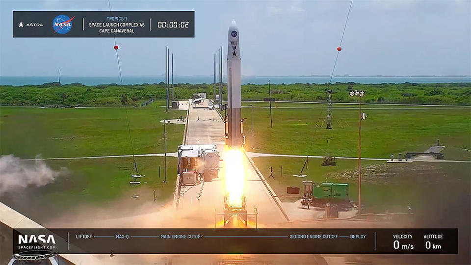 Astra's Rocket 3.3 takes off from the Cape Canaveral Space Force Station Sunday carrying two small NASA satellites designed to monitor tropical storms and hurricanes. / Credit: Astra/NASASpaceflight webcast