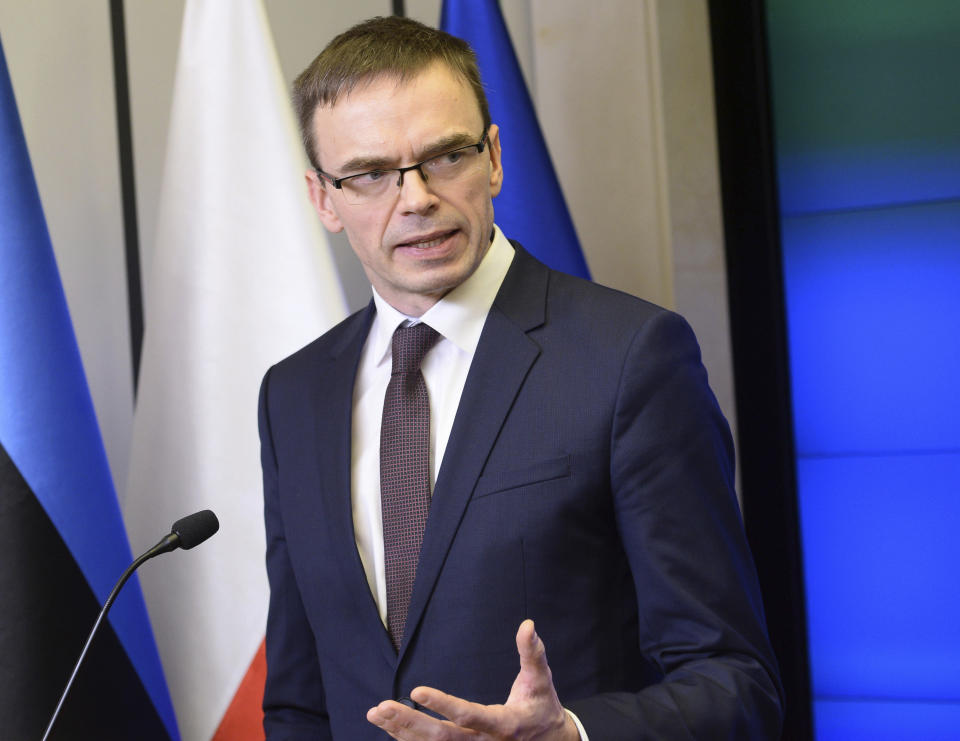 Estonian Foreign Minister Sven Mikser at a press conference in Warsaw on Feb. 9. (Photo: Alik Keplicz/AP)