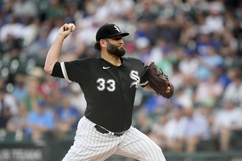 Chicago White Sox starting pitcher Lance Lynn delivers during the first inning of the team's baseball game against the Chicago Cubs on Wednesday, July 26, 2023, in Chicago. (AP Photo/Charles Rex Arbogast)