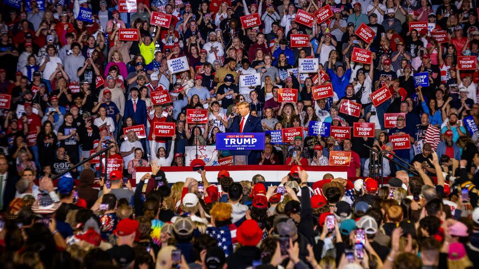 Former US President and 2024 presidential hopeful Donald Trump speaks at a "Get Out the Vote" Rally in Conway, South Carolina, on February 10, 2024. - Julia Nikhinson/AFP/Getty Images