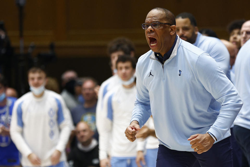 DURHAM, NORTH CAROLINA - MARCH 05: Head coach Hubert Davis of the North Carolina Tar Heels reacts during the second half against the Duke Blue Devils at Cameron Indoor Stadium on March 05, 2022 in Durham, North Carolina. (Photo by Jared C. Tilton/Getty Images)
