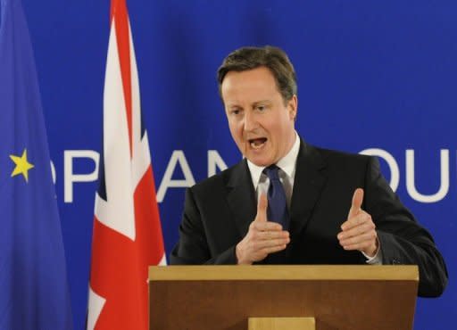 British Prime Minister David Cameron speaks during a press conference after an extraordinary EU summit focused on Libya at the European Council headquarters in Brussels. European Union leaders on Friday agreed to "examine all necessary options" to protect civilians in Libya as they ramped up pressure on Moamer Kadhafi at a crisis summit