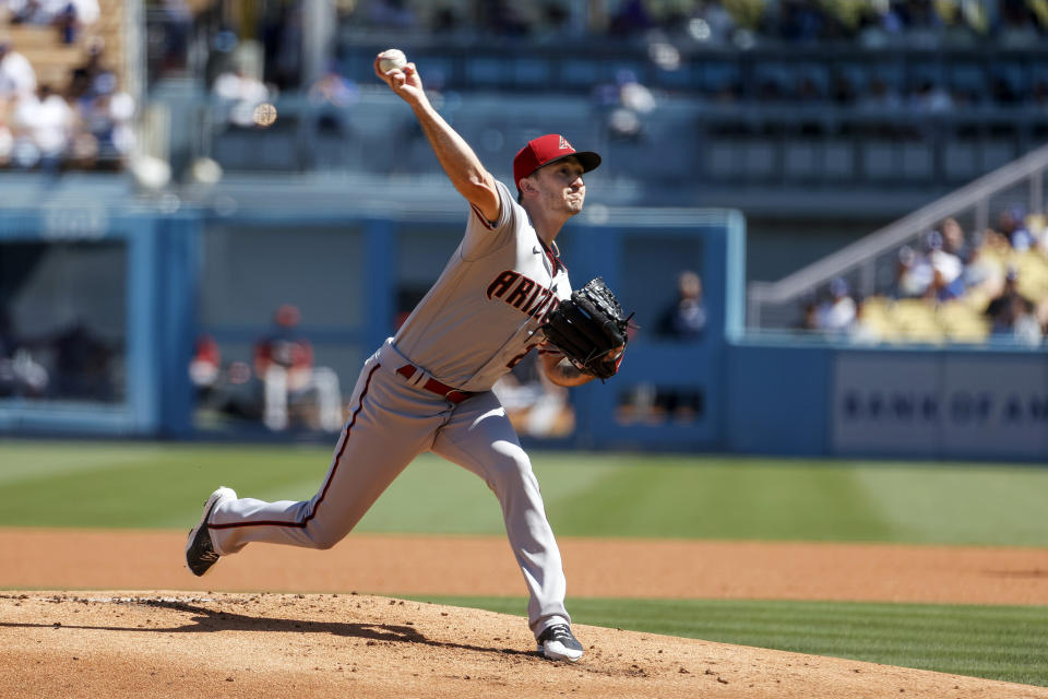 Arizona Diamondbacks starting pitcher Zach Davies throws to a Los Angeles Dodgers batter during the first inning of a baseball game Tuesday, Sept 20, 2022, in Los Angeles. (AP Photo/Ringo H.W. Chiu)