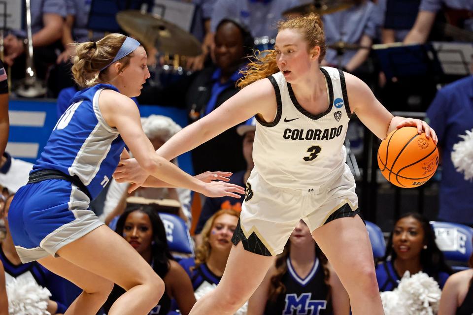 Colorado's Frida Formann (3) protects the ball from Middle Tennessee State's Jalynn Gregory (10) during the first half of a first-round college basketball game in the NCAA Tournament, Saturday, March 18, 2023, in Durham, N.C. (AP Photo/Karl B. DeBlaker)