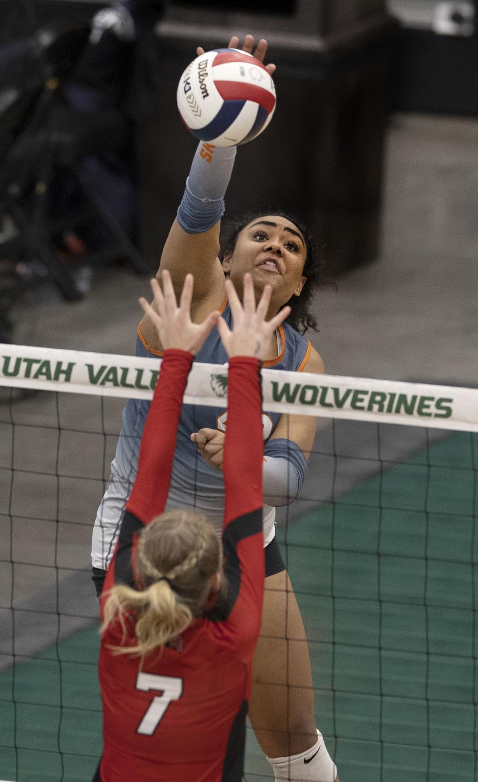 Skyridge and Mountain Ridge compete in the 6A volleyball state tournament quarterfinals at Utah Valley University in Orem on Thursday, Nov. 2, 2023. | Laura Seitz, Deseret News