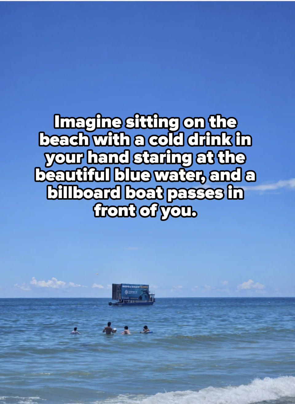 A group of five people swim in the ocean near a floating advertisement for a cryptocurrency exchange