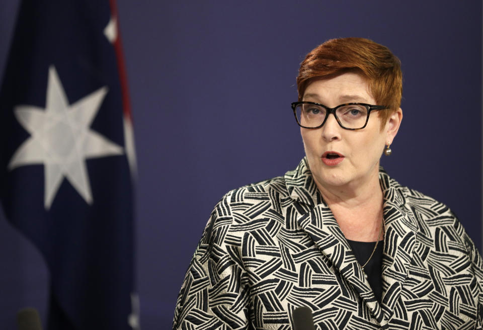 Australia's Minister for Foreign Affairs Marise Payne speaks in Sydney, Australia, April 27, 2021. Payne and Defense Minister Peter Dutton are traveling to Jakarta, India, South Korea and the United States to bolster economic and security relationships within the Asia-Pacific region where tensions are rising with China. (AP Photo/Rick Rycroft)