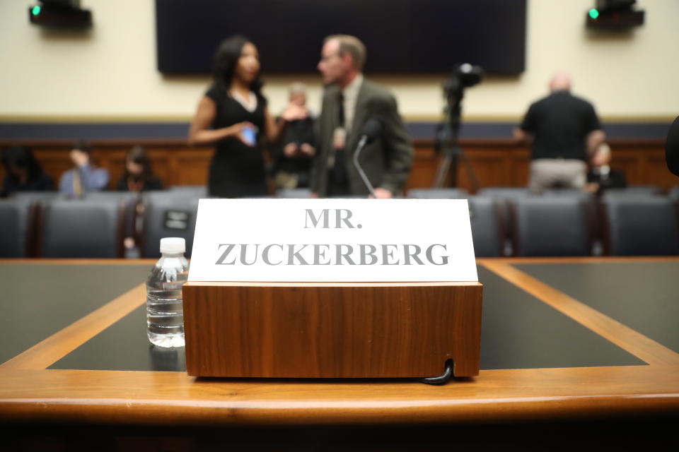 The seat where Facebook CEO Mark Zuckerberg will testify before a House Financial Services Committee hearing on Capitol Hill in Washington, Wednesday, Oct. 23, 2019, on Facebook's impact on the financial services and housing sectors. (AP Photo/Andrew Harnik)