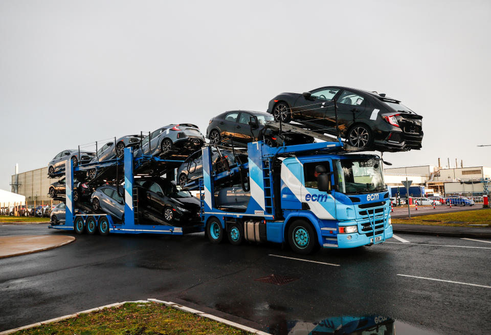 A lorry with car carrier trailer leaves the Honda car plant in Swindon, Britain, February 18, 2019. REUTERS/Eddie Keogh