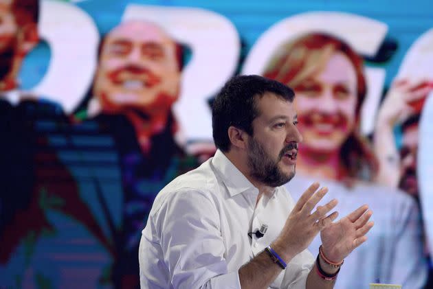 ROME, ITALY - OCTOBER 21: Former Vice Premier Matteo Salvini in front of a screen with the photo of Silvio Berlusconi and Giorgia Meloni,during the television program l'Aria che Tira on October 21,2019 in Rome, Italy. (Photo by Simona Granati - Corbis/Getty Images,) (Photo: Simona Granati - Corbis via Getty Images)