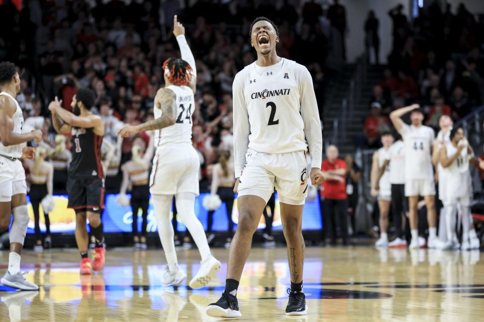 Cincinnati Bearcats guard Landers Nolley II (2) reacts after making a basket in the game against the Temple Owls in overtime at Fifth Third Arena.