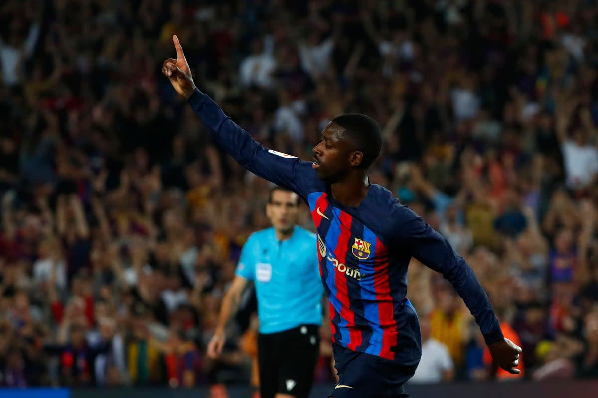 Ousmane Dembele scored one goal and set up three others in Barcelona’s 4-0 win over Athletic Bilbao (Joan Monfort/PA) (AP)