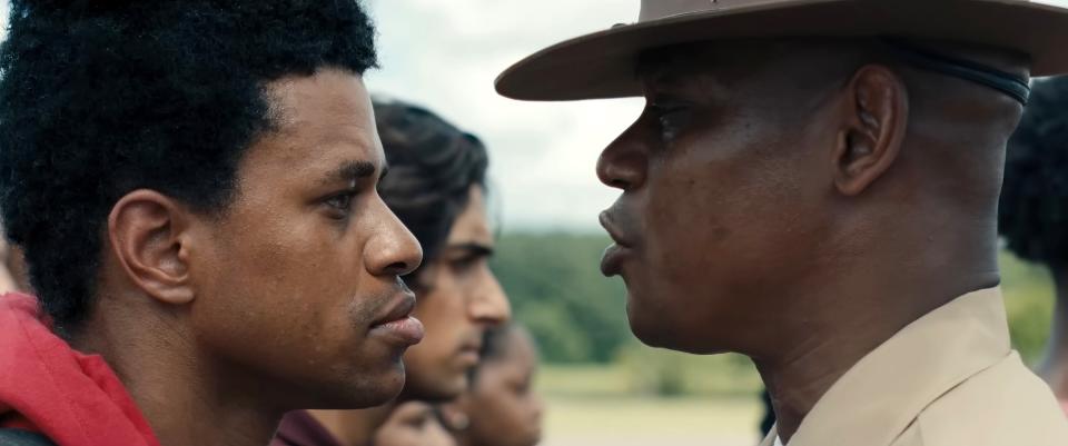 Close-up of Jeremy in military scene