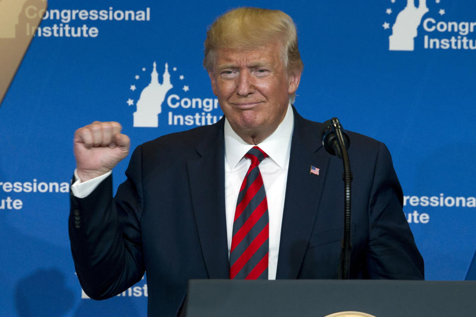 President Donald Trump speaks at the 2019 House Republican Conference Member Retreat Dinner in Baltimore, Thursday, Sept. 12, 2019. (AP Photo/Jose Luis Magana)