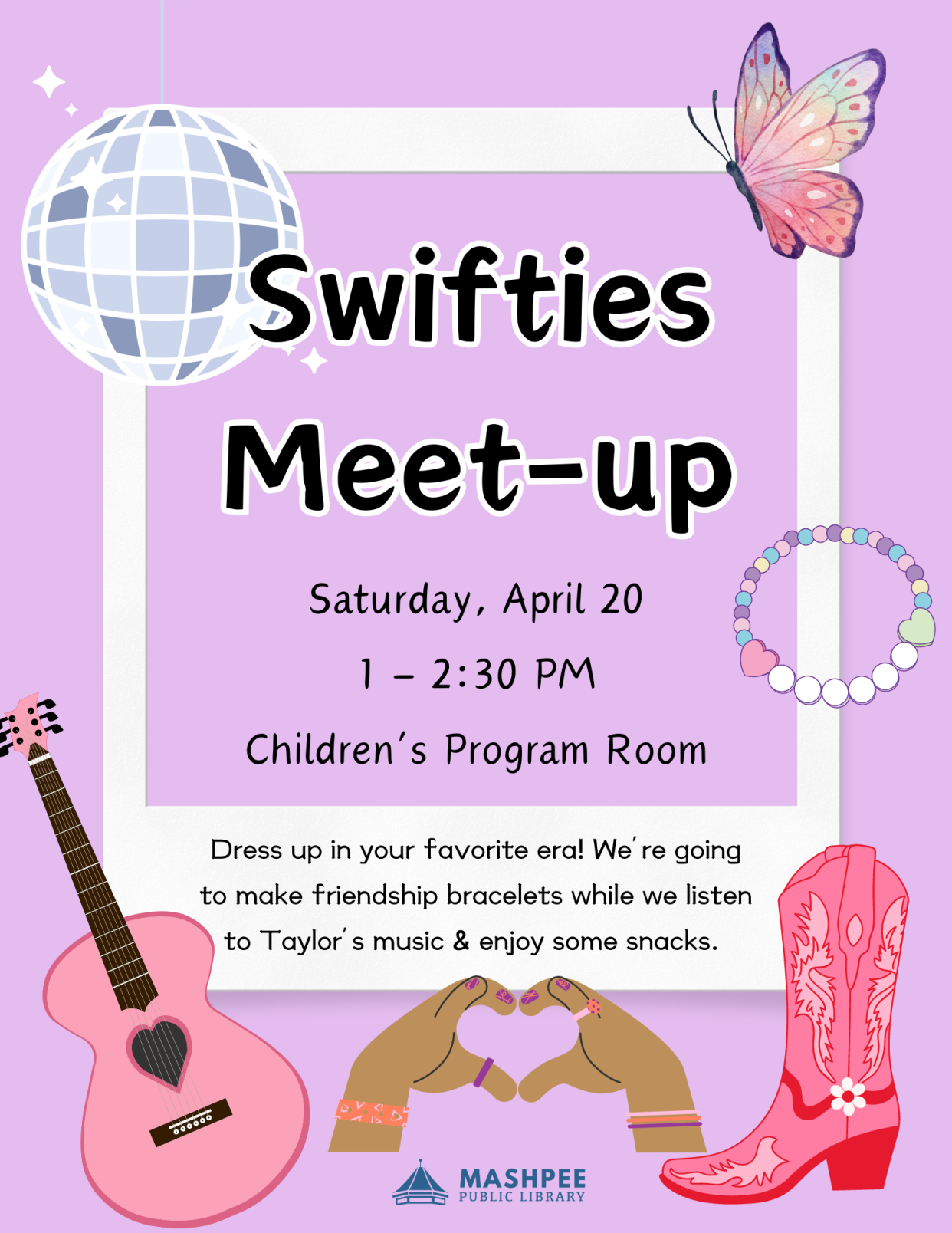 Poster for Swifties Meet Up at the Mashpee Public Library on April 20.