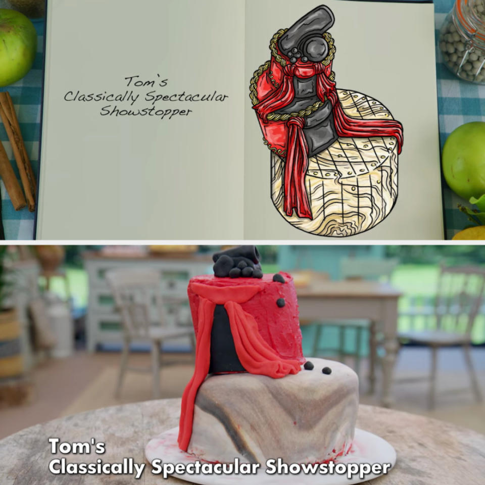 Toms's anti-gravity cake decorated to look like a flower pot side by side with its drawing