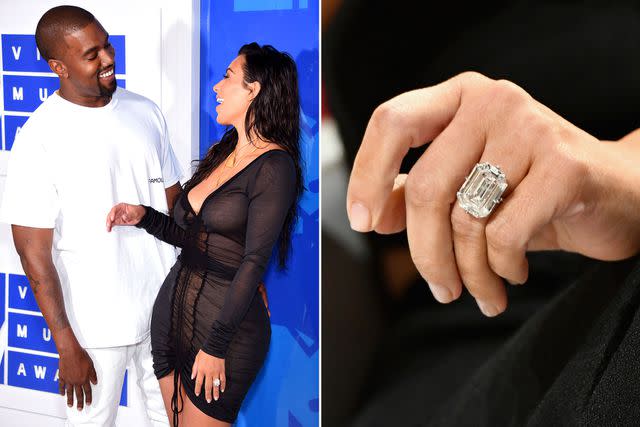 <p>Dimitrios Kambouris/WireImage ; Slaven Vlasic/Getty</p> Kanye West and Kim Kardashian attend the 2016 MTV Video Music Awards on August 28, 2016 in New York City. ; Kim Kardashian-West ring detail.