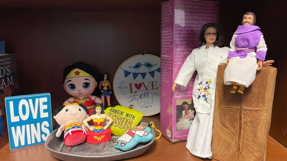 "Pastor Barbie" is in good company: She shares a shelf in Aziz's office with Jesus and Wonder Woman. - Courtesy Rev. Barbara Aziz
