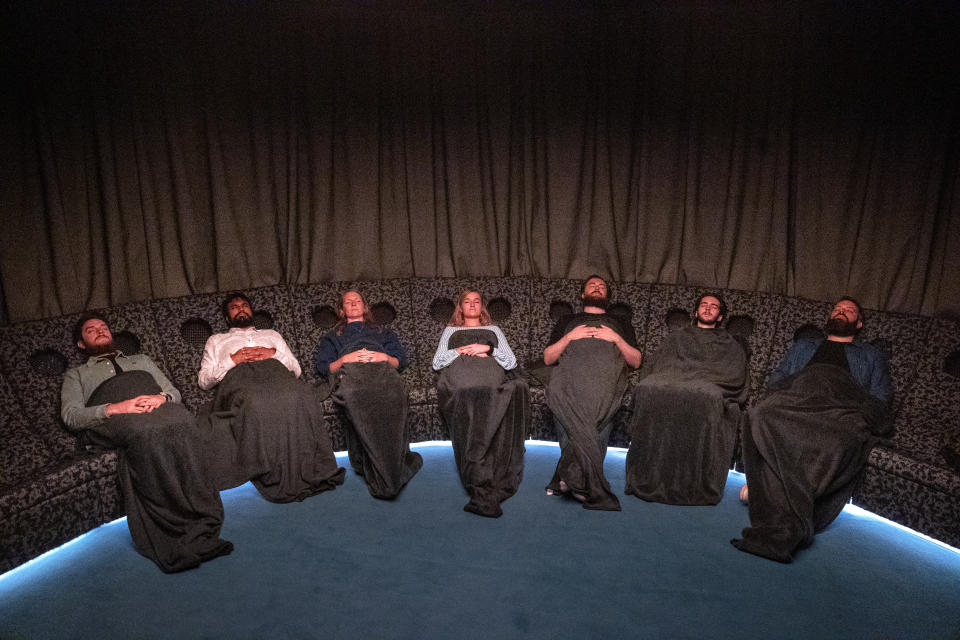 Participants during an immersive experience with light and sound in the Dreamachine at Carlisle Memorial Church in Belfast, during the NI Science Festival.