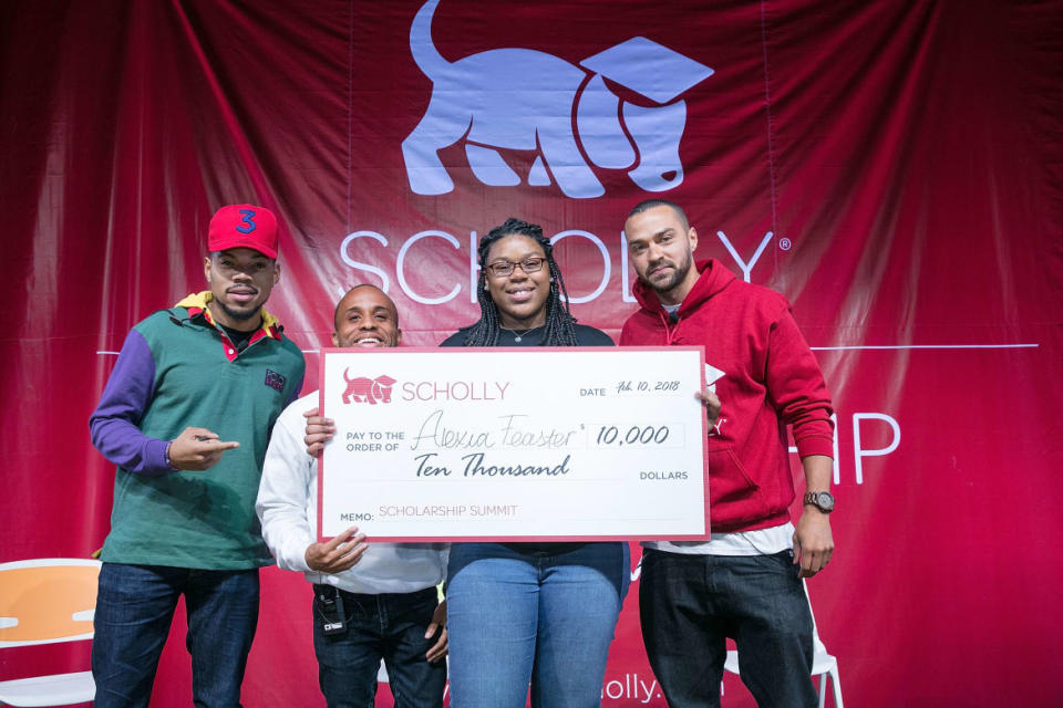 <div class="inline-image__caption"><p>Chance The Rapper, Christopher Gray, student and scholarship recipient Alexia Feaster, and Jesse Williams attend the Scholly Scholarship Summit on February 10, 2018, in Chicago, Illinois. </p></div> <div class="inline-image__credit">Jeff Schear/Getty</div>