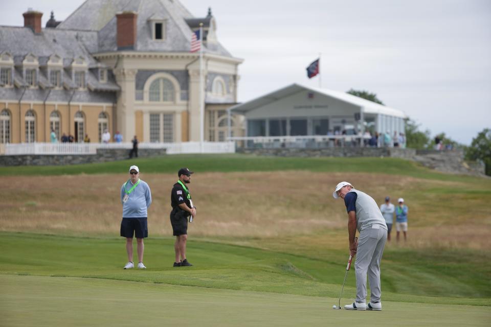 Steve Stricker lines up a putt at the U.S. Senior Open at Newport Country Club on Saturday.