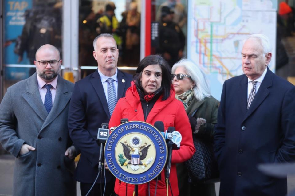 Rep. Nicole Malliotakis (center) and Joseph Borelli (left), both of Staten Island, said Speaker Adams is out of touch with the majority of New Yorkers G.N.Miller/NYPost