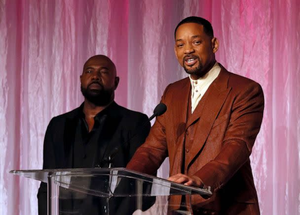 PHOTO: 9L-R) Honorees Antoine Fuqua and Will Smith accept The Beacon Award for 'Emancipation' onstage during the 14th Annual AAFCA Awards at Beverly Wilshire, A Four Seasons Hotel, March 1, 2023, in Beverly Hills, Calif. (Jemal Countess/Getty Images)