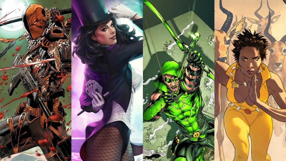 DC heroes from L to R; Deathstroke, Zatanna, Green Arrow, and Vixen.