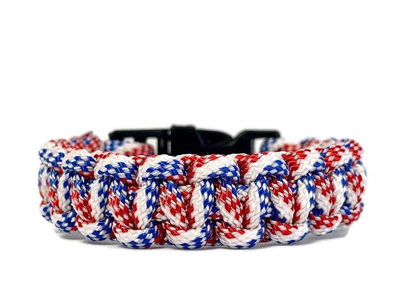 Engineered red, white and blue rope paracord bracelet