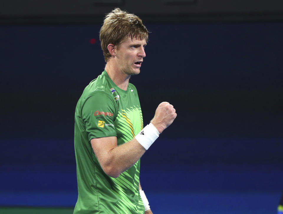 Kevin Anderson of South Africa reacts after winning a point during his match against Novak Djokovic of Serbia at the ATP Cup tennis tournament in Brisbane, Australia, Saturday, Jan. 4, 2020. (AP Photo/Tertius Pickard)