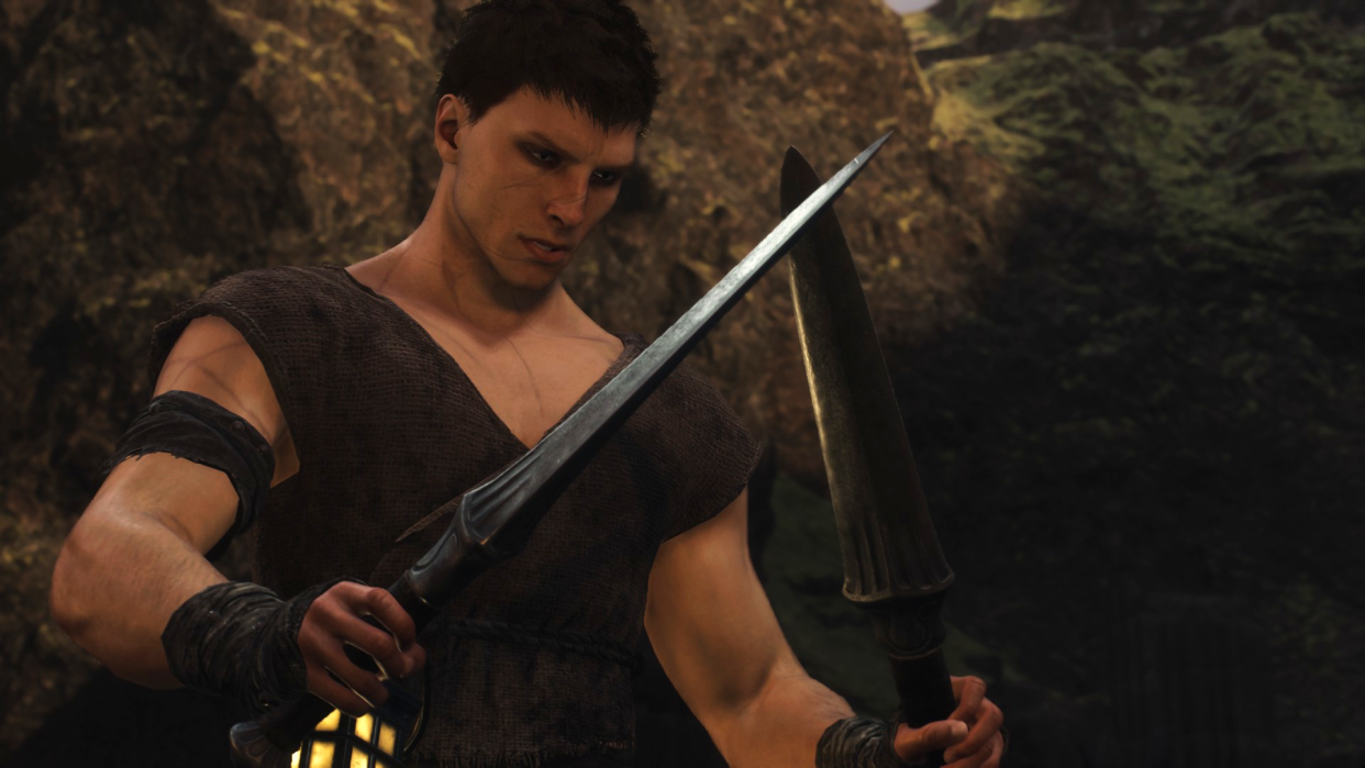  An image of a thief in Dragon's Dogma 2 considering their dual blades, dressed in scrappy rags. 