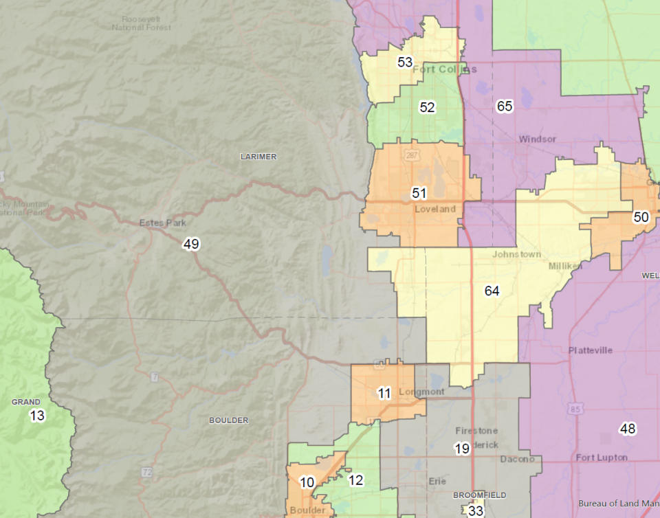 This map shows the House district boundaries in Northern Colorado, as of 2021.