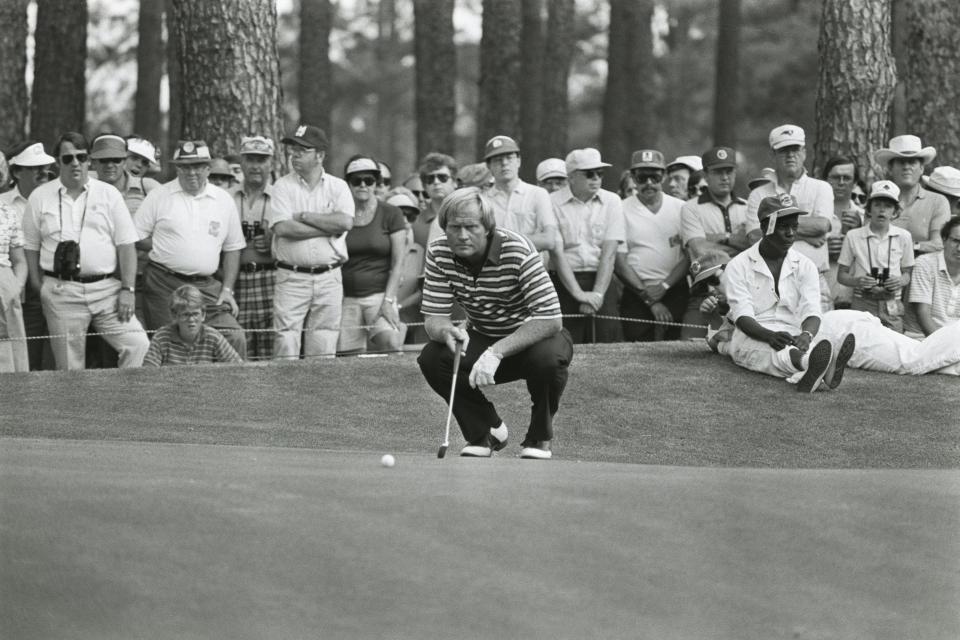 Jack Nicklaus lines up a putt during the 1981 Masters.