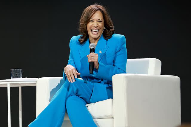 <p>Arturo Holmes/Getty</p> Vice President Kamala Harris speaks onstage during the 2024 ESSENCE Festival Of Culture