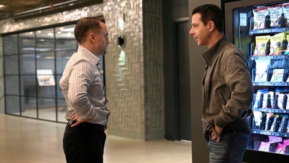 Kieran Culkin and Jeremy Strong in a still from “Succession.”
