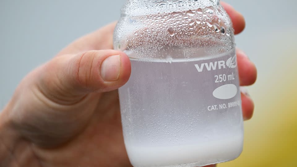 A sample of carbon removed from the ocean in the solid form of calcium carbonate and magnesium hydroxide from UCLA's SeaChange program – now known as Equatic – in 2023. - Patrick T. Fallon/AFP/Getty Images