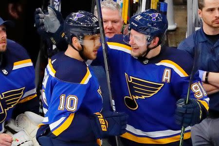 May 21, 2019; St. Louis, MO, USA; St. Louis Blues right wing Vladimir Tarasenko (91) congratulates center Brayden Schenn (10) after scoring a goal against the San Jose Sharks during the second period in game six of the Western Conference Final of the 2019 Stanley Cup Playoffs at Enterprise Center. Mandatory Credit: Billy Hurst-USA TODAY Sports