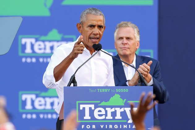 Former President Barack Obama campaigned with McAuliffe in the race's final weeks, and attempted to turn out voters by arguing that Youngkin and the GOP posed a direct threat to American democracy.  (Photo: RYAN M. KELLY via Getty Images)