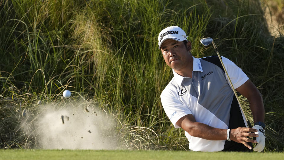 Hideki Matsuyama, of Japan, hits out of the bunker on the 15th hole during the second round of the PGA Championship golf tournament on the Ocean Course Friday, May 21, 2021, in Kiawah Island, S.C. (AP Photo/David J. Phillip)