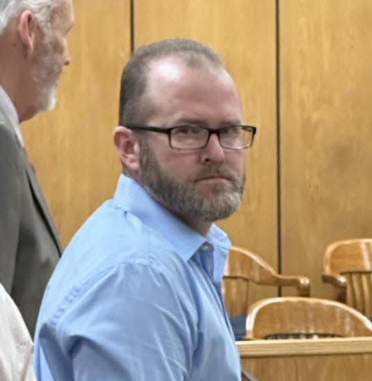 Shannon Lee Wells, right, stands next to his attorney, Wichita County Senior Assistant Public Defender Marty Cannedy, while waiting for testimony to resume in his child sexual assault trial on Wednesday, Sept. 27, 2023, in 89th District Court.